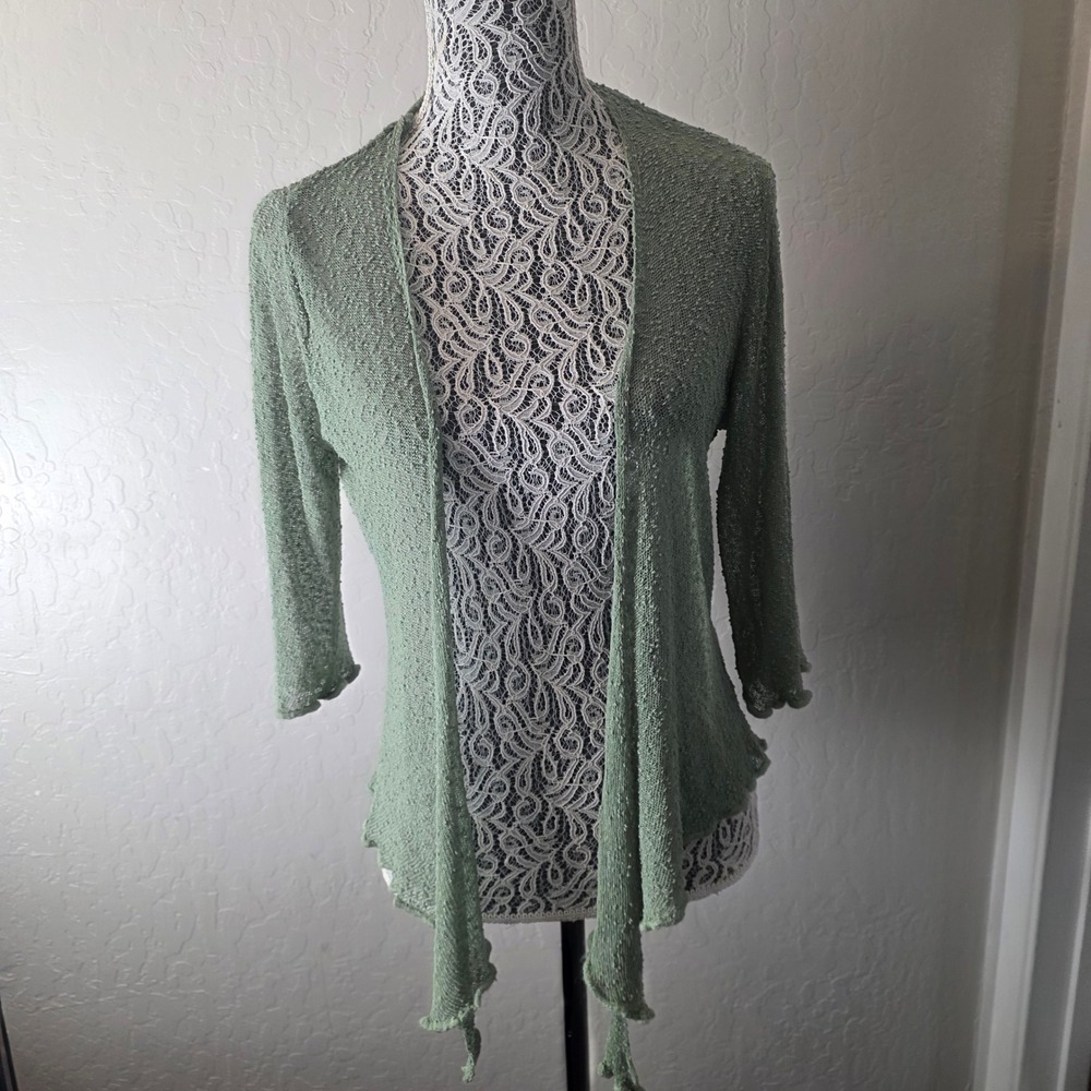 Papa Vancouver Sheer Cardigan Womens XL Sage Green Boho 3/4 Sleeve Open Knit